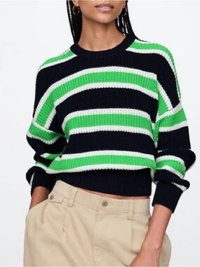 GAP Black, White & Green Striped Crewneck Sweater